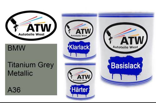 BMW, Titanium Grey Metallic, A36: 1L Lackdose + 1L Klarlack + 500ml Härter - Set, von ATW Autoteile West.